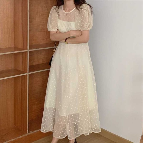 

retro princess mesh sweet polka dots girls all match a-line casual femme evening party chic long dresses vestidos 210525, Black;gray