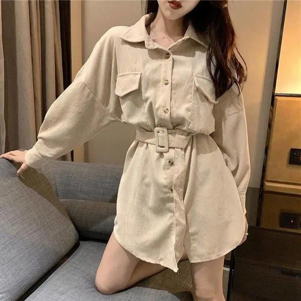 

women's jackets autumn vintage corduroy shirt women solid black jacket with belt turn down collar long coats loose casual pink outwear, Black;brown