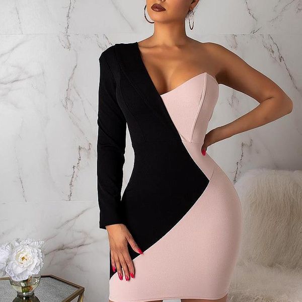 

casual dresses slim package hip autumn elegant irregular sukienka one shoulder dress black pink patchwork solid bodycon, Black;gray