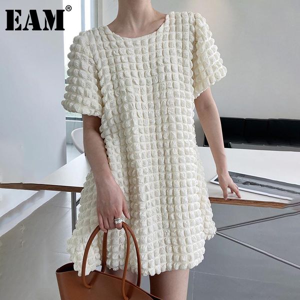 

casual dresses [eam] women beige three-dimensional dress round neck half puff sleeve loose fit fashion tide spring summer 2021 1de0632, Black;gray