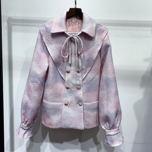 

women's jackets pink tie dye coat women silk runway long sleeves turn-down collar fashion lace up vintage chic, Black;brown