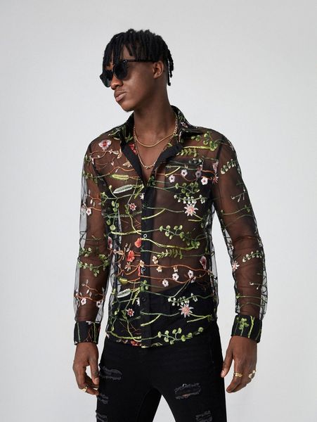 

men floral embroidered pocket patched sheer mesh shirt a50d#, White;black
