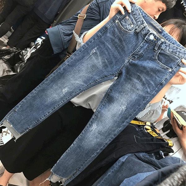 

women's jeans high waist patchwork denim trousers women fashion irregular trouser legs dark color pocket zipper elastic slim plus size, Blue