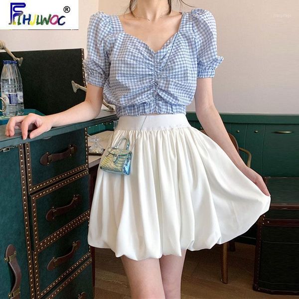 

cute chic sweet girls holiday date wear women summer flhjlwoc slim fitted plaid shirt short crop blouse 4329 women's blouses & shirts, White