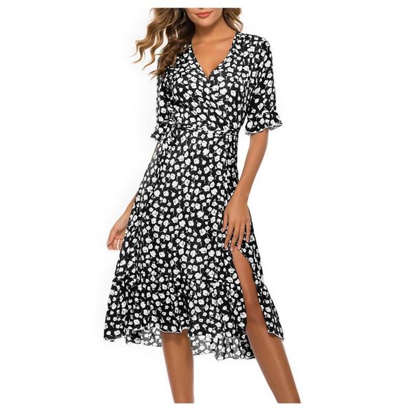 

party dresses women summer 2021 v-neck printed ruffle frenulum dress vestidos casual short sleeve beach chiffon robe femme, White;black