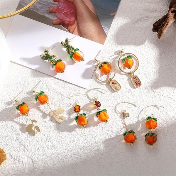 

stud good persimmon double earrings female retro orange glazed chinese style cute sweet wholesale, Golden;silver