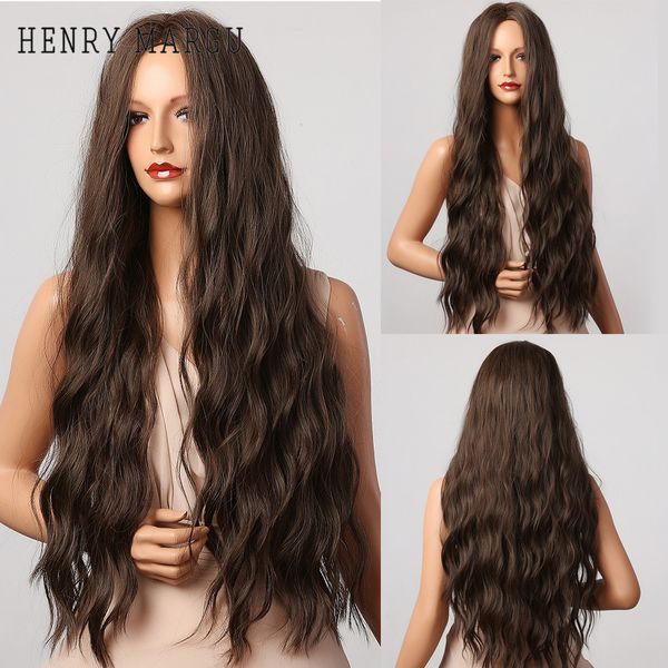 

ombre dark brown long water wave wig high temperature cosplay costume daily middle part synthetic wig for women afrofactory direct, Black