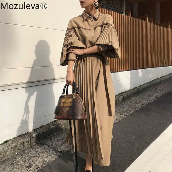 

mozuleva vintage lantern sleeve pleated women dress fashion lace up patchwork female dress single-breasted vestidos femme 210706, Black;gray