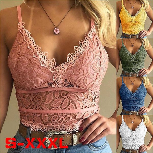 

women fashion deep v neck floral lace bra spaghetti straps underwear summer slim push up crop hollow out sleeveless bra vest, Red;black