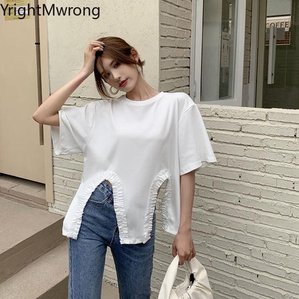 

women's t-shirt summer cute patchwork ruffle split short sleeve o neck casual loose korean irregular t shirt women fashion aesthetic, White
