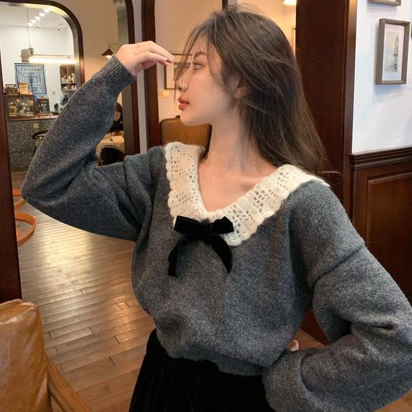 

women's sweaters vintage style bow v-neck patchwork cropped sweater 2021 autumn winter clothing korean ins aesthetic gray knitted top, White;black