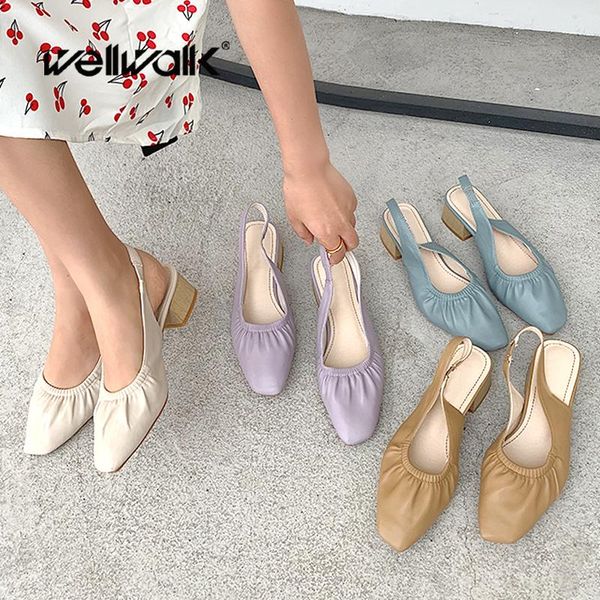 

dress shoes pleated slingback heels women casual sandals wooden block heel slipper ladies summer back strap female comfort pumps, Black