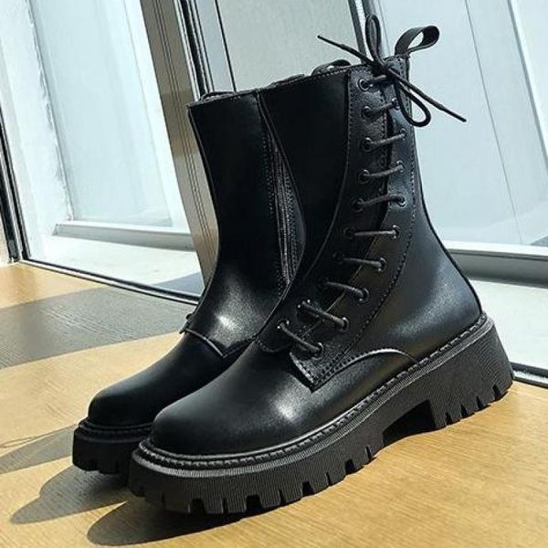 

boots 2021 mid-calf comfortable elegent lace-up platform autumn all-match british wind pu leather female zip, Black
