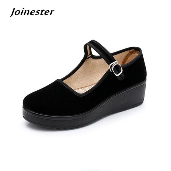

ladies pure color flock mary jane pumps spring women round toe cotton fabric wedge female casual ankle strap dance shoes dress, Black