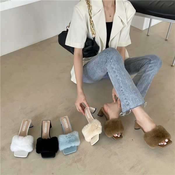 

slippers bailamos women fur slides 2021 brand design furry casual high heels flip flops fluffy slip, Black