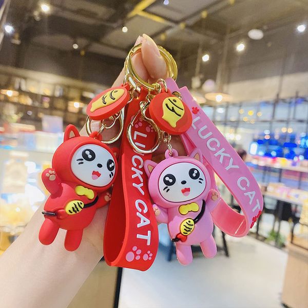 

2021 fashion keychain new cartoon cat car key chain creative cute schoolbag fish lovers fortune cat pendant, Silver