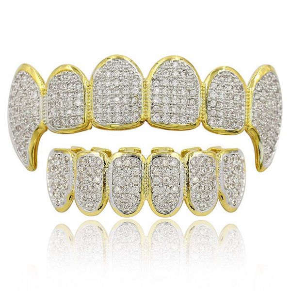 

hip hop grillz luxury glaring zircon micro pave dental grills 2019 fashion men women 18k gold plated teeth brace 2-piece set wholesale lp022, Black