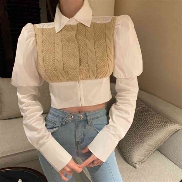 Französisch Vintage Twist Muster Stricken Patchwork Bluse Frauen Drehen Unten Kragen Puff Langarm Slim Fit Blusas feminino Hemd 210422