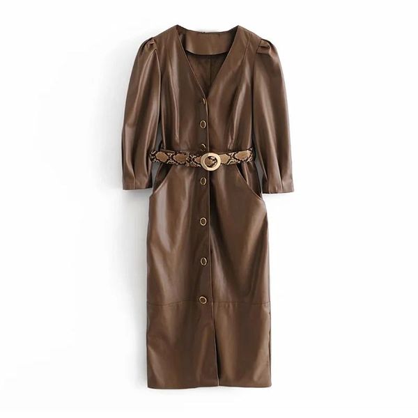 

streetwear brown color pu leather dress women v neck chic midi with belt puff sleeve stylish lady straight dresses casual, Black;gray