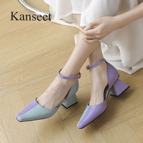 

sandals kanseet 2021 women mixed colors real leather summer high heel shoes buckle strap thick shoe square toe footwear, Black