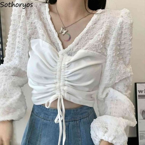 

v neck design patchwork women shirts slim ins korean style crop leisure chic spring outwear pleated drawstring, White