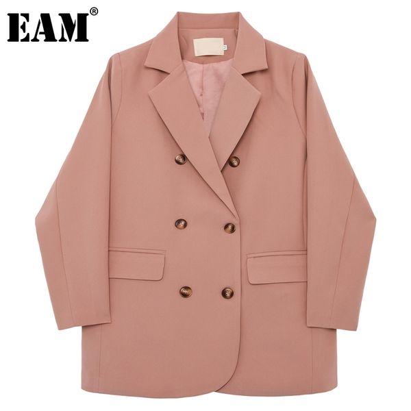

[eam] women pink big size double breasted blazer lapel long sleeve loose fit jacket fashion spring autumn 1dd6911 21512, White;black