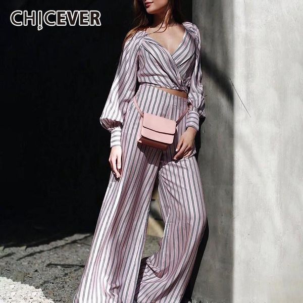 

striped print women suit lantern long sleeve v neck bandage short high waist wide leg pants two piece set summer women's, White