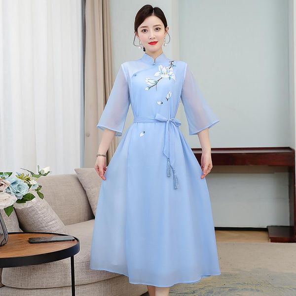 

summer young girl modified dress han fu retro chinese improved cheongsam elegant mandarin collar female qipao ethnic clothing, Red