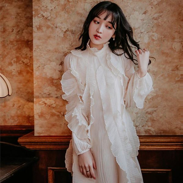 

casual dresses 2021 women autumn pattern vintage runway long dress sleeve lotus leaf side lace longuette party vestidos, Black;gray