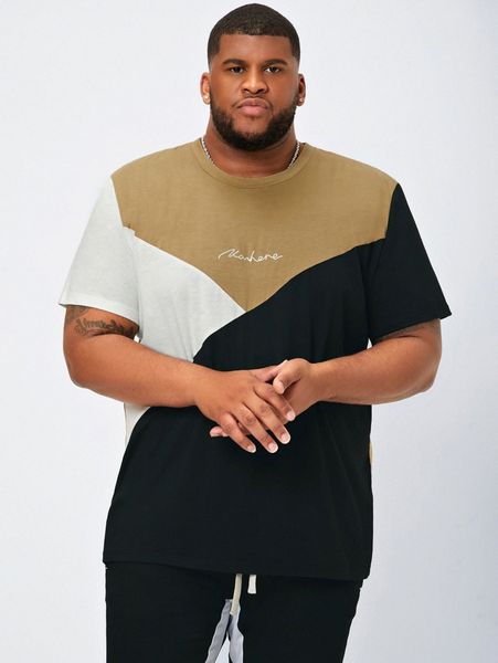

extended sizes men letter graphic cut and sew tee r8yx#, White;black