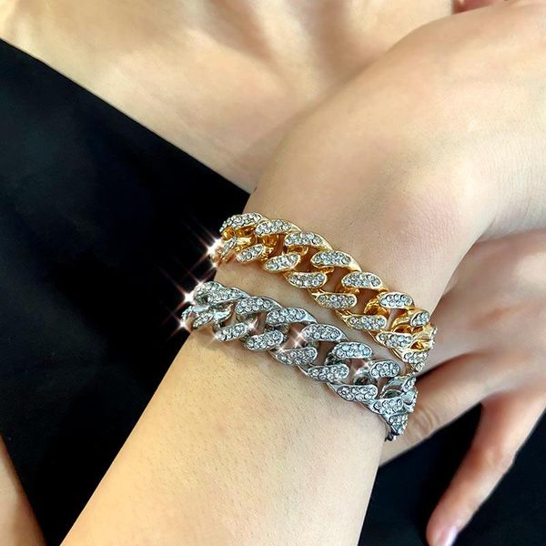 

link, chain trendy luxury 12mm iced out cuban link beacelet for women men gold silver color rhinestone bracelet 2021 fashion jewelry, Black