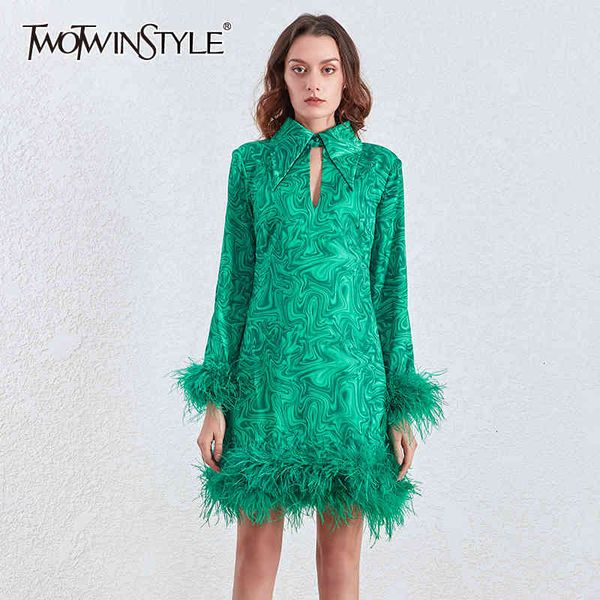 

twotwinstyle print patchwork feathers dresses female lapel collar long sleeve tassel mini women dress fashion clothing new 210428, Black;gray