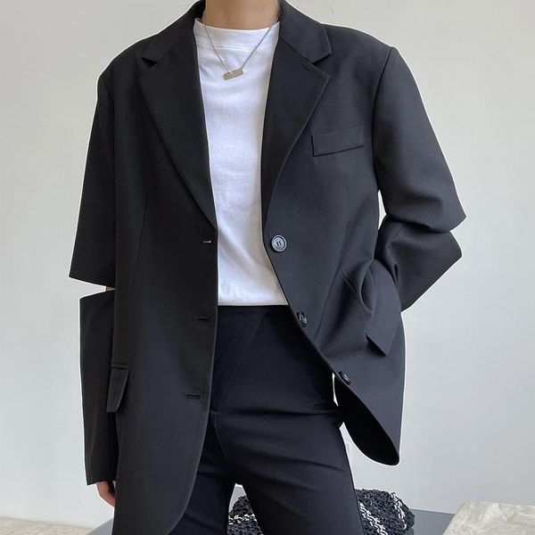 

women's suits & blazers spring and autumn casual solid color single-breasted pocket decoration split sleeve loose jacket, White;black
