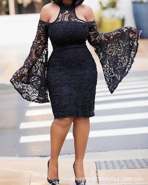 

summer dress lace off shoulder horn hip hanging neck, Black;gray