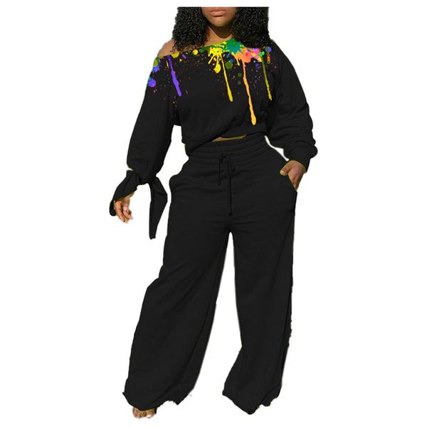 

print casual two piece set and pants wide leg crop set fall clothes for women streetwear 2 piece outfits lounge set, Black;white