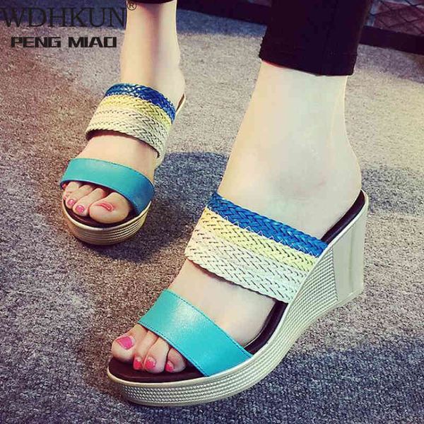 

slippers slides shoes womens clogs wedge heels sandals high woman geta striped flip flops weave zapatos lo45, Black