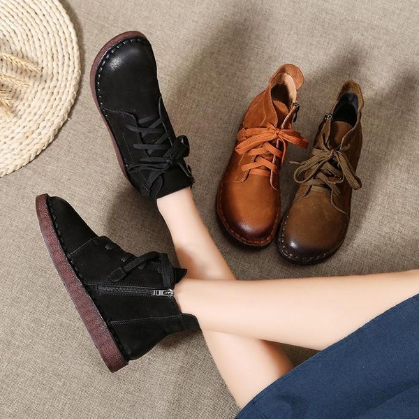 

boots spring women's leather retro soft soled handmade flats casual shoes, Black