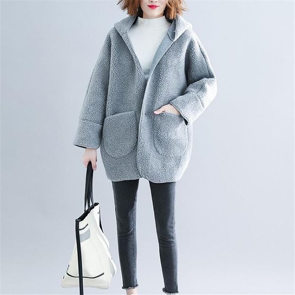 

women's trench coats casual oversized coat women autumn winter long sleeve lamb fur hooded jackets ladies loose large pocket outerwear, Tan;black