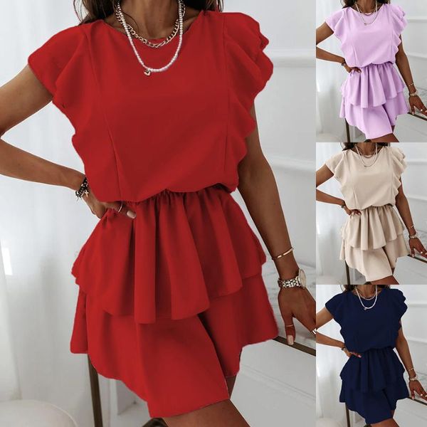

casual dresses women summer sleeveless pink princess fashion loose ruffled solid color red o-neck double layer dress, Black;gray