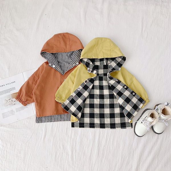 

girls' dresses boy spring fall girls cotton casual thick jackets double sided kids coat stripe lattice sport hoodied jacket girl letter, Red;yellow
