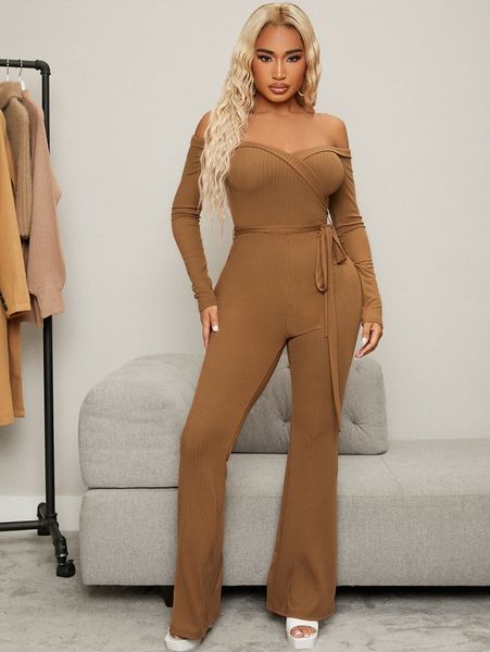

sxy off shoulder belted flare leg jumpsuit 61ek#, White