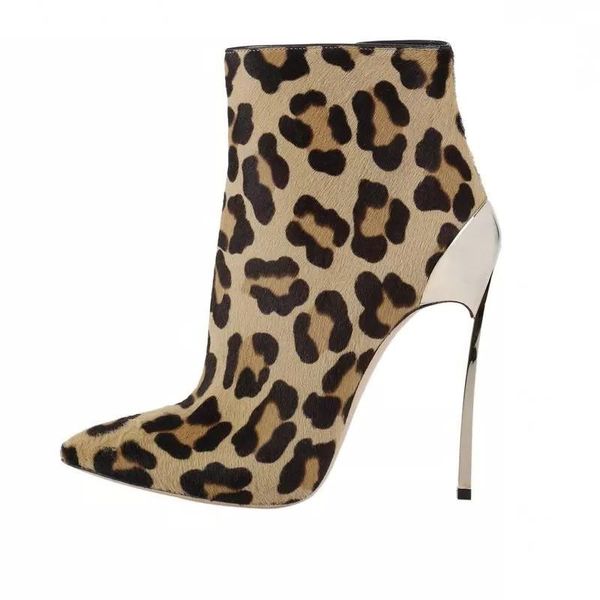 

boots autumn and winter thin heeled high shoes large fashion women's leopard print heel show 43, Black