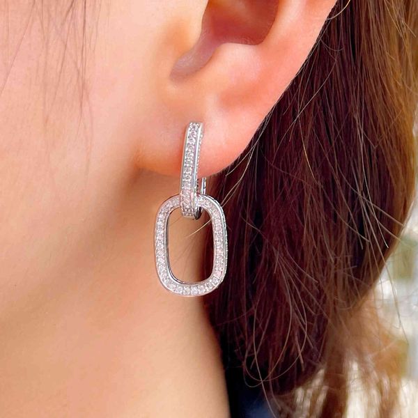 CWWZircons Doppelter Verwendungszweck, Micro Pave-Zirkonia, geometrische kubanische Gliederkette, rechteckig, Huggie-Tropfenohrring für Damen, Schmuck, CZ896