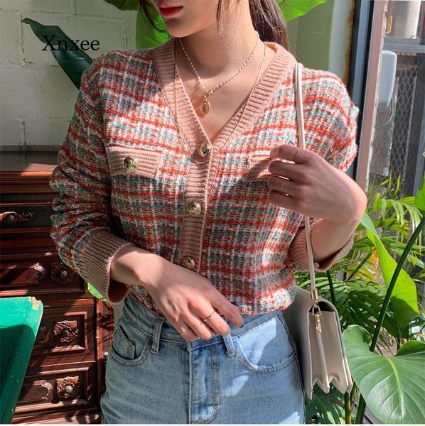 

women's knits & tees vintage tweed knitted cardigans women sweater kawaii autumn winter korean retro fashion knitwear clothes, White