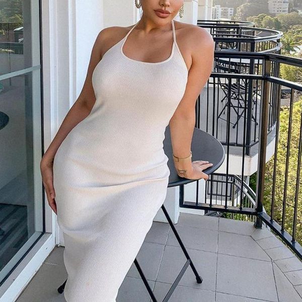 

casual dresses fall 2021 women solid color hanging neck lace up wrap hip midi dress backless knitted tight street drop, Black;gray