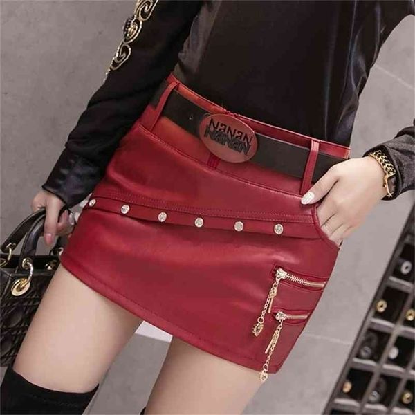 

korean rivet zipper with belt mini skirts womens autumn winter fashion pu leather skirt jupe femme black red b9n326 210325
