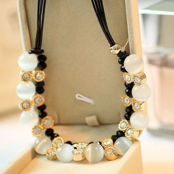 

imitation pearls cows necklace white/black beads rhinestone ribbon and pendant opal crystal wedding jewel necklaces, Silver