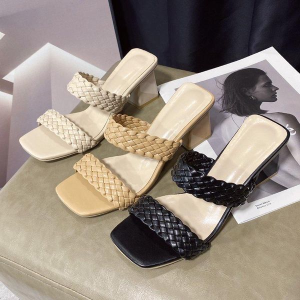 

slippers 2021 summer british style weave women fashion thick high gladiator sandals outdoor beach slides ladies mules shoes, Black