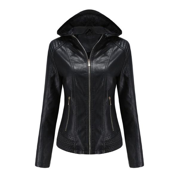 

women's leather & faux european style winter pu coat woman hooded zipper female jackets coats, Black