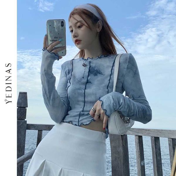 

yedinas harajuku tie dye long sleeve t-shirts fold design slim blue tshirt cotton korean style chic t shirt japanese sweet 210527, White